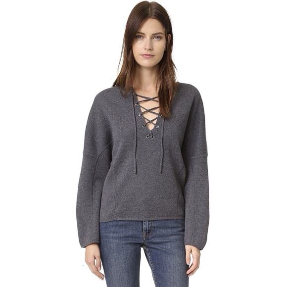 Vince Merino Wool Cashmere Gray Lace Up Pullover Sweater - Picture 1 of 6